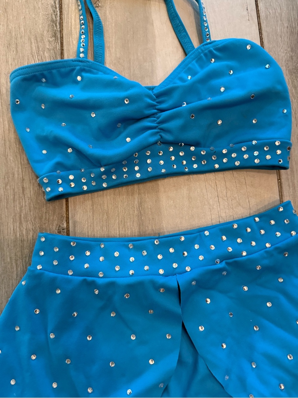 Girls Blue Dance Two-Piece Performance Set with Rhinestone Trim - Picture 2 of 6